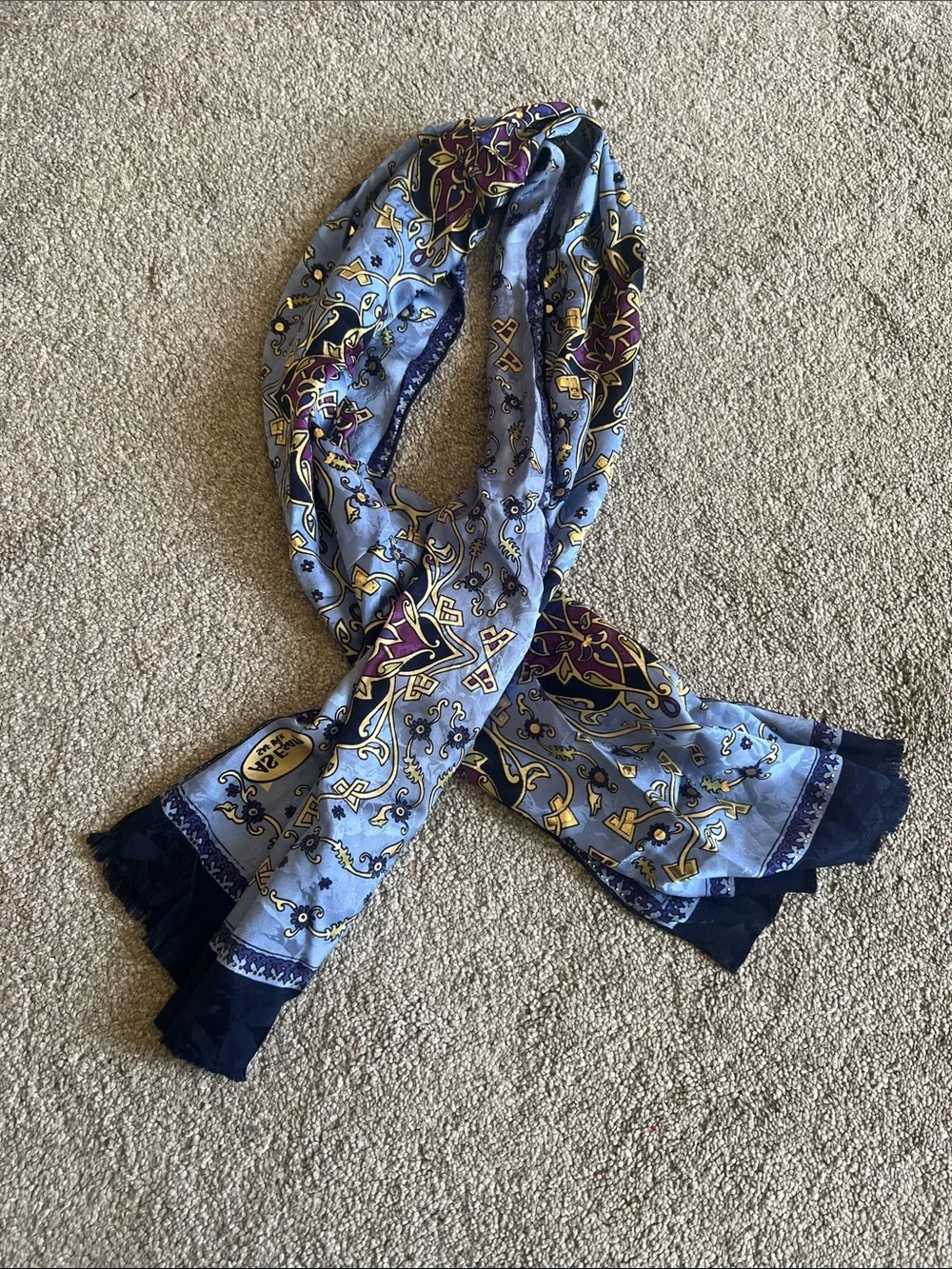 AS Esarp Saf Ipek Pure Silk Turkish Scarf Blue Purple Gold Fringe 52”